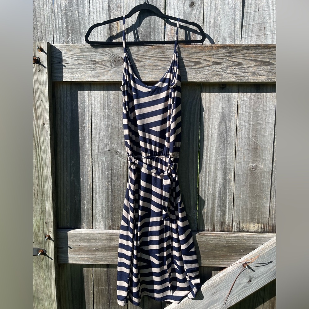 Veronica M Navy and Cream Striped Midi Dress